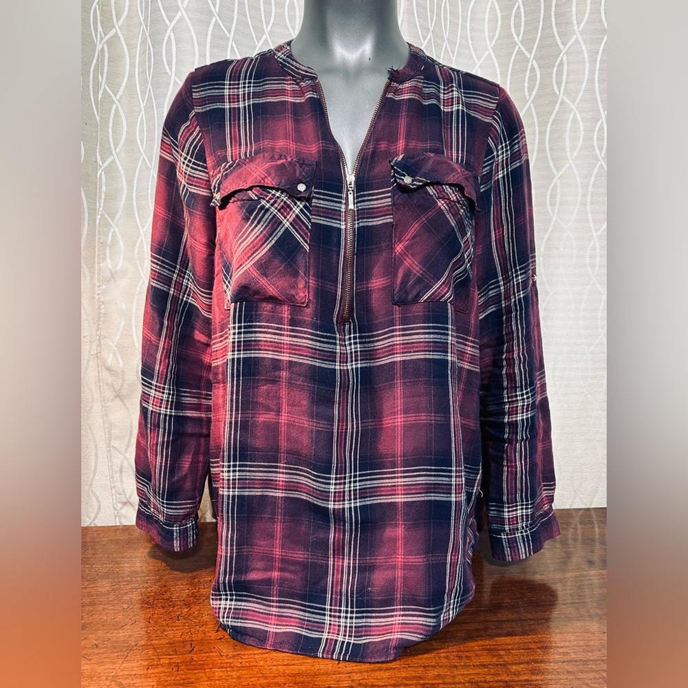 Plaid Kismet Zipper Front Long Sleeve Shirt in Burgundy Beige Navy